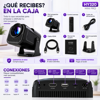 Mini Proyector Inteligente HY320 – Android 11, WiFi 6 y Bluetooth 5.0
