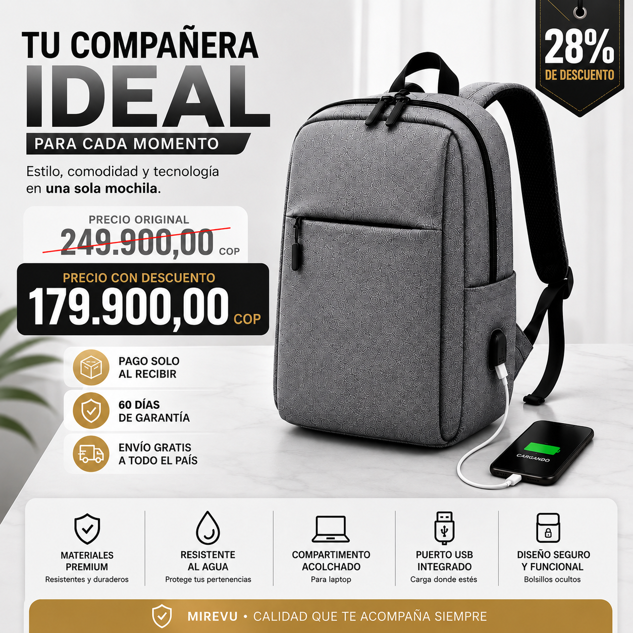 MIREVU Urban Pro™ | Mochila Ejecutiva Impermeable para Laptop 15.6"
